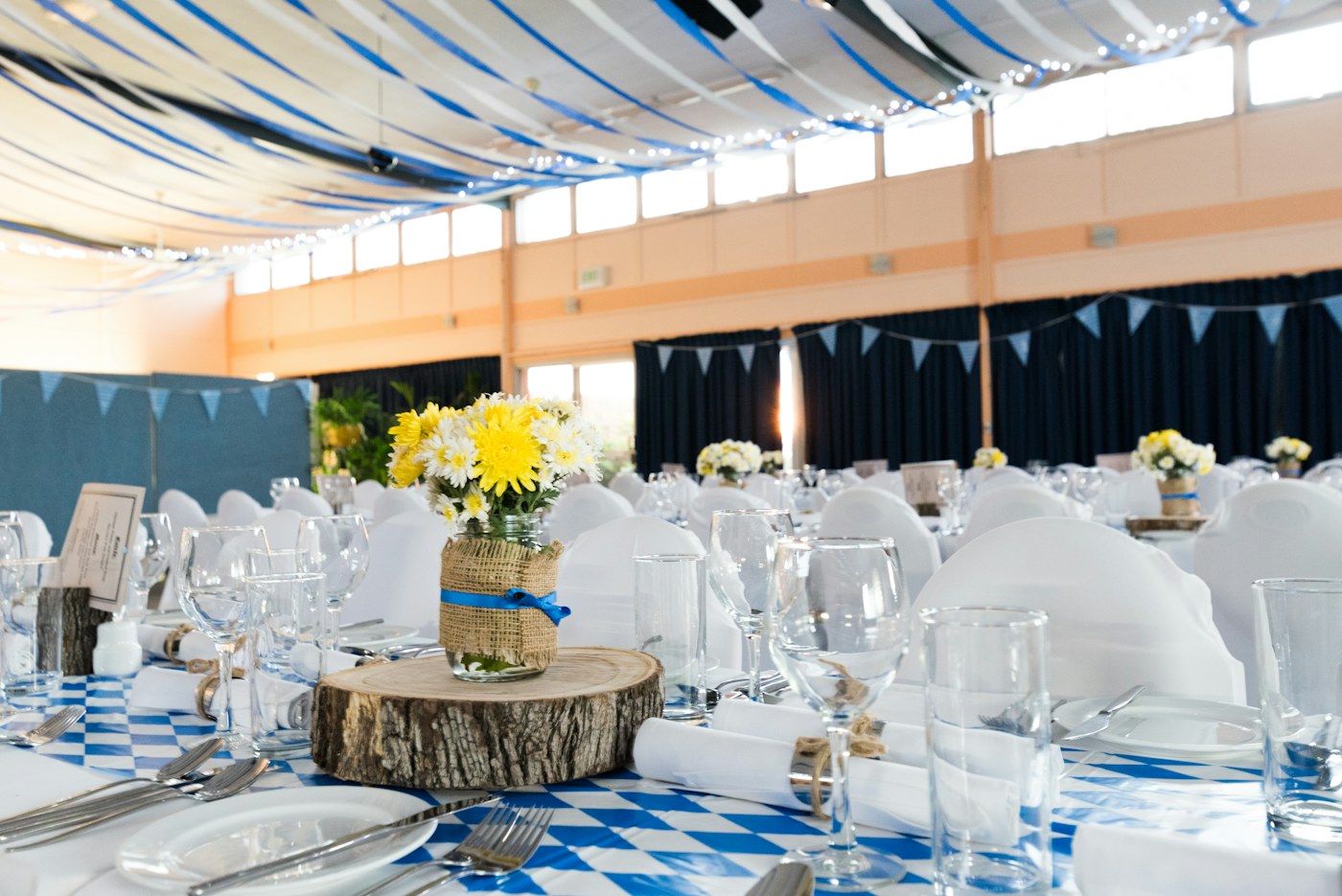 A dining space prepared for an event